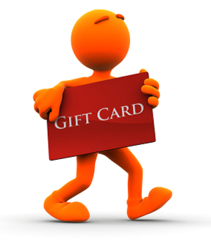 Little animated Guy carrying a Gift Card